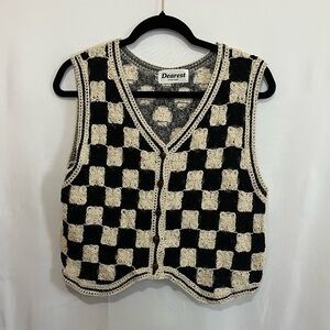 Dearest Maybe Baby Women’s S Crochet Knit Black Tan Beige Checkerboard Vest Boho